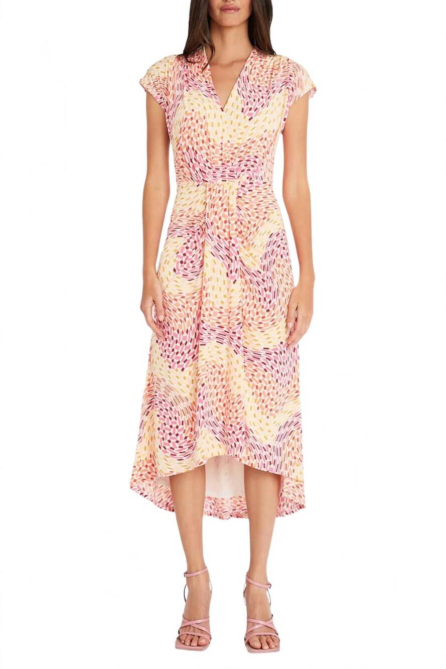 NEW MAGGY LONDON cap sleeve geo print midi dress in blush pink